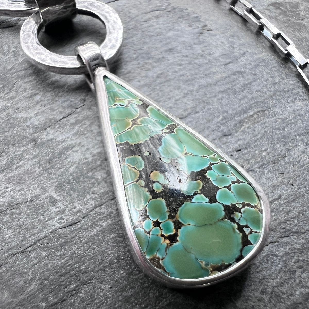 Sterling Silver Genuine Turquoise Necklace | Hammered Rings and Green Natural Stone Teardrop Pendant