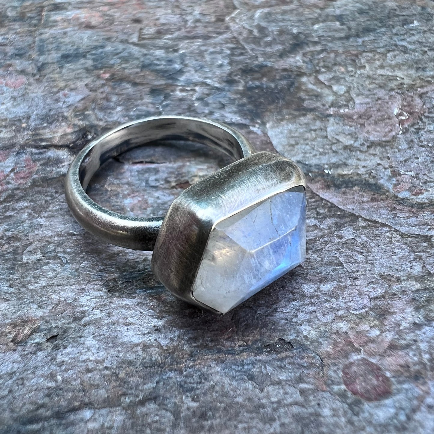 Rainbow Moonstone Sterling Silver Ring - Handmade One-of-a-kind Rainbow Moonstone Ring on Silver Silver Band - Size 8.75