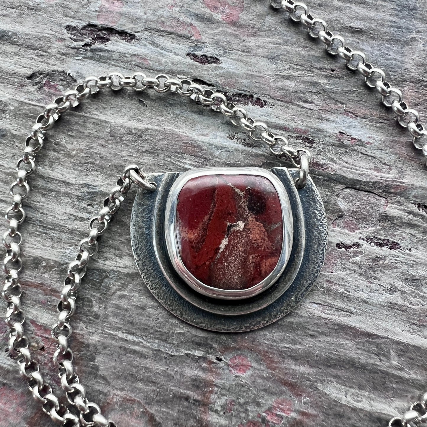 Sterling Silver Red Jasper Necklace | Natural Stone Semicircle Pendant