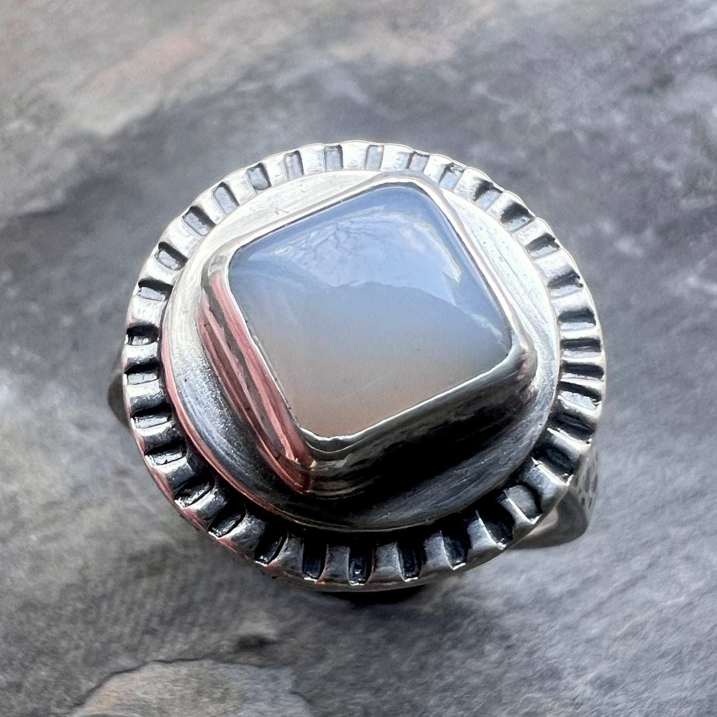 Sterling Silver Chalcedony Ring | Natural Stone Cabochon Ring - Size 7.75