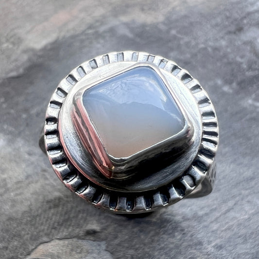 Sterling Silver Chalcedony Ring | Natural Stone Cabochon Ring - Size 7.75