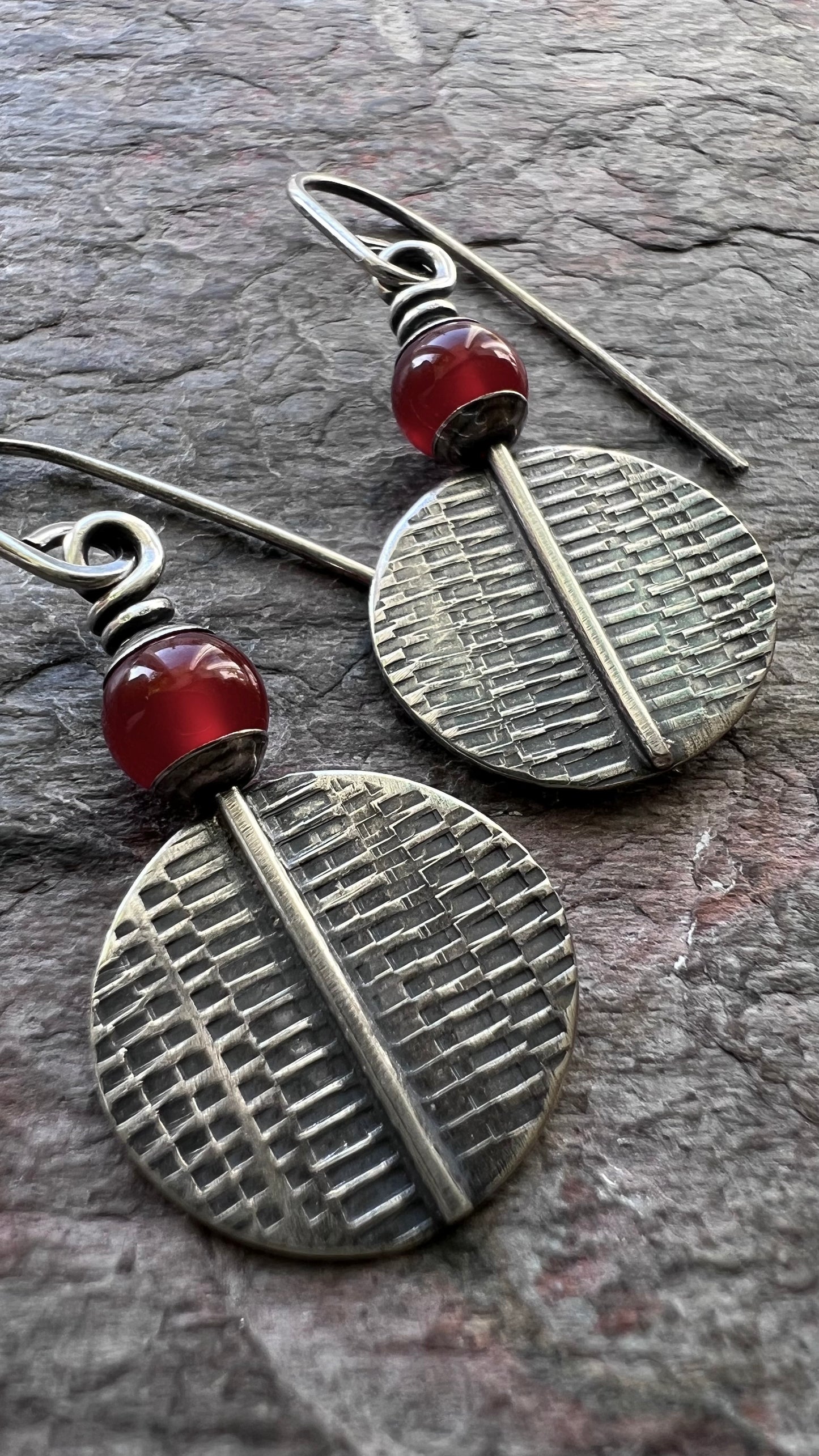 Carnelian Sterling Silver Earrings - Carnelian and Textured Sterling Silver on Handmade Earwires