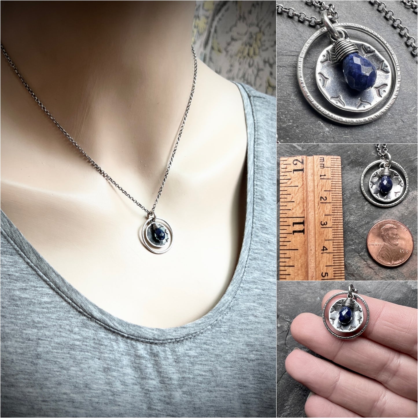 Genuine Sapphire Sterling Silver Necklace | Dark Blue Gemstone Stamped Circle Pendant