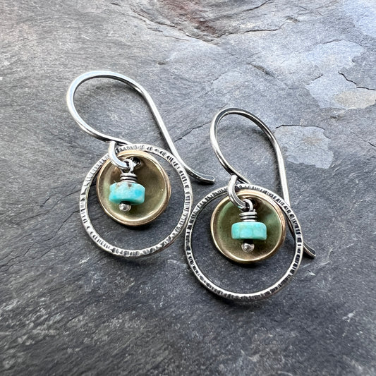 Turquoise Sterling Silver Earrings | Natural Stone Mixed Metal Small Dangles