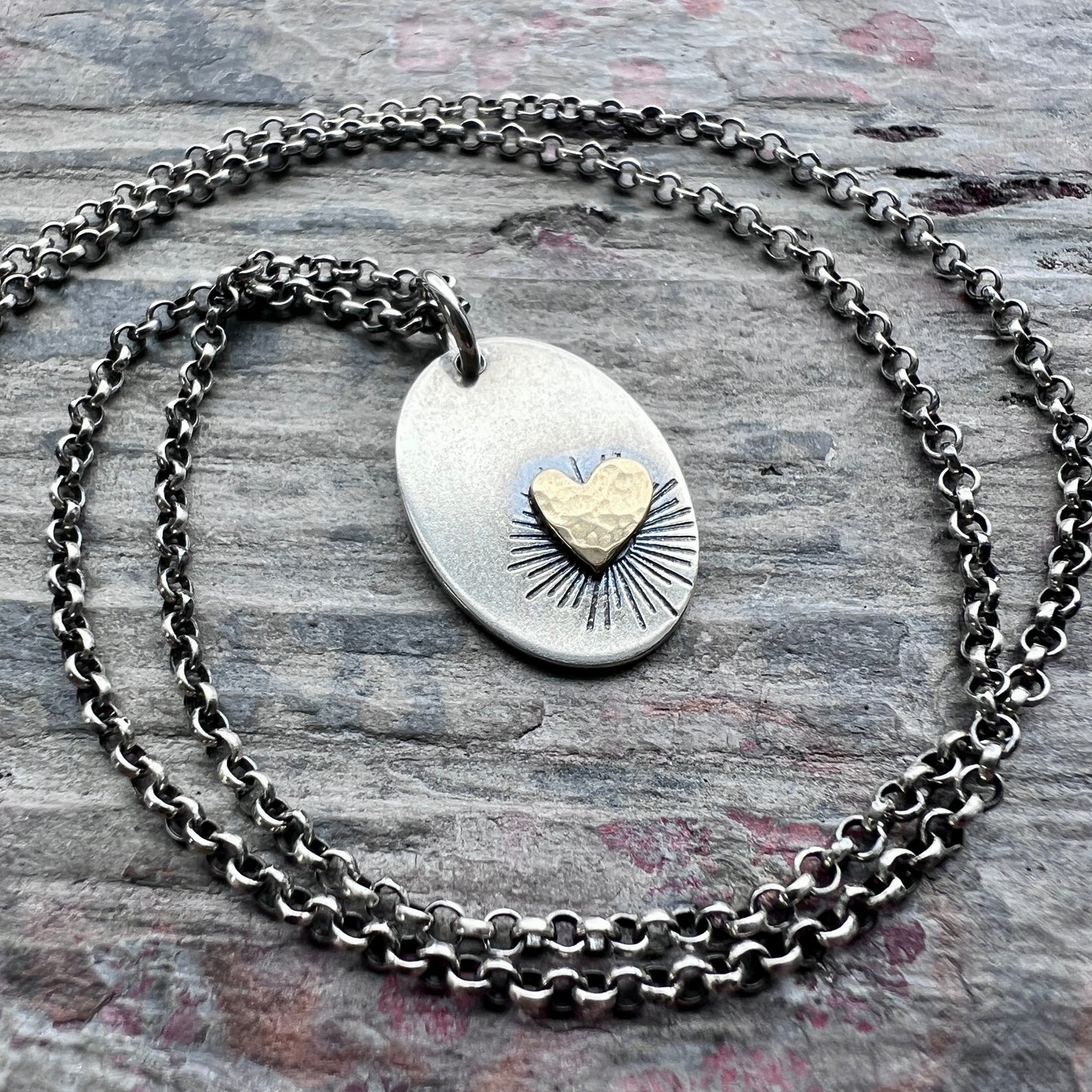 Sterling Silver and Golden Brass Heart Necklace | Handmade Mixed Metal Oval Pendant