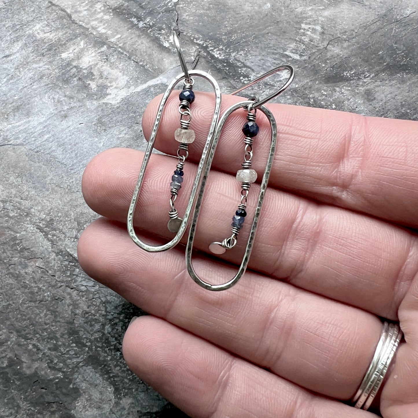 Genuine Sapphire Sterling Silver Earrings | Blue Natural Stone Hammered Oval Dangles