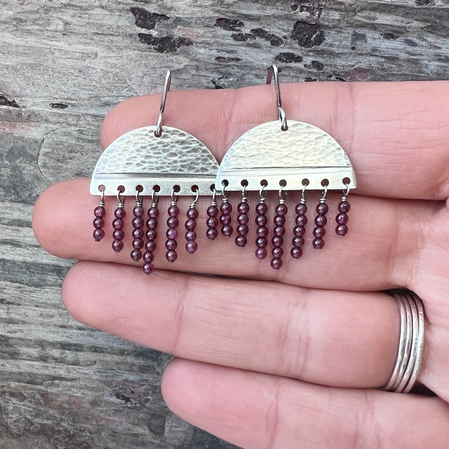 Garnet Sterling Silver Earrings | Hammered Silver and Genuine Garnet Fringe Dangles