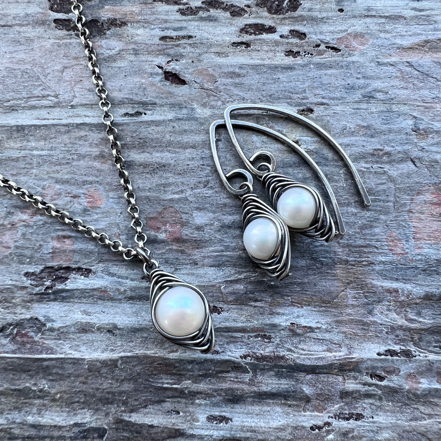 Sterling Silver Pearl Earrings | Genuine Freshwater Pearl Wire-wrapped Dangles