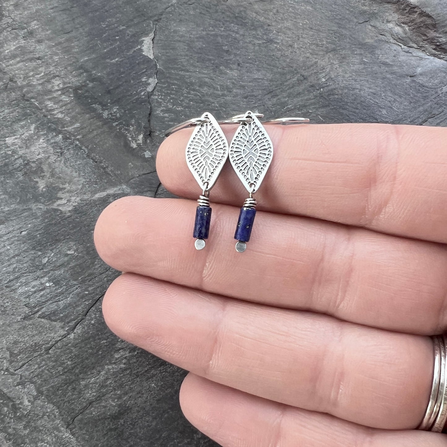 Sterling Silver Lapis Lazuli Earrings | Blue Natural Stone Stamped Silver Dangles