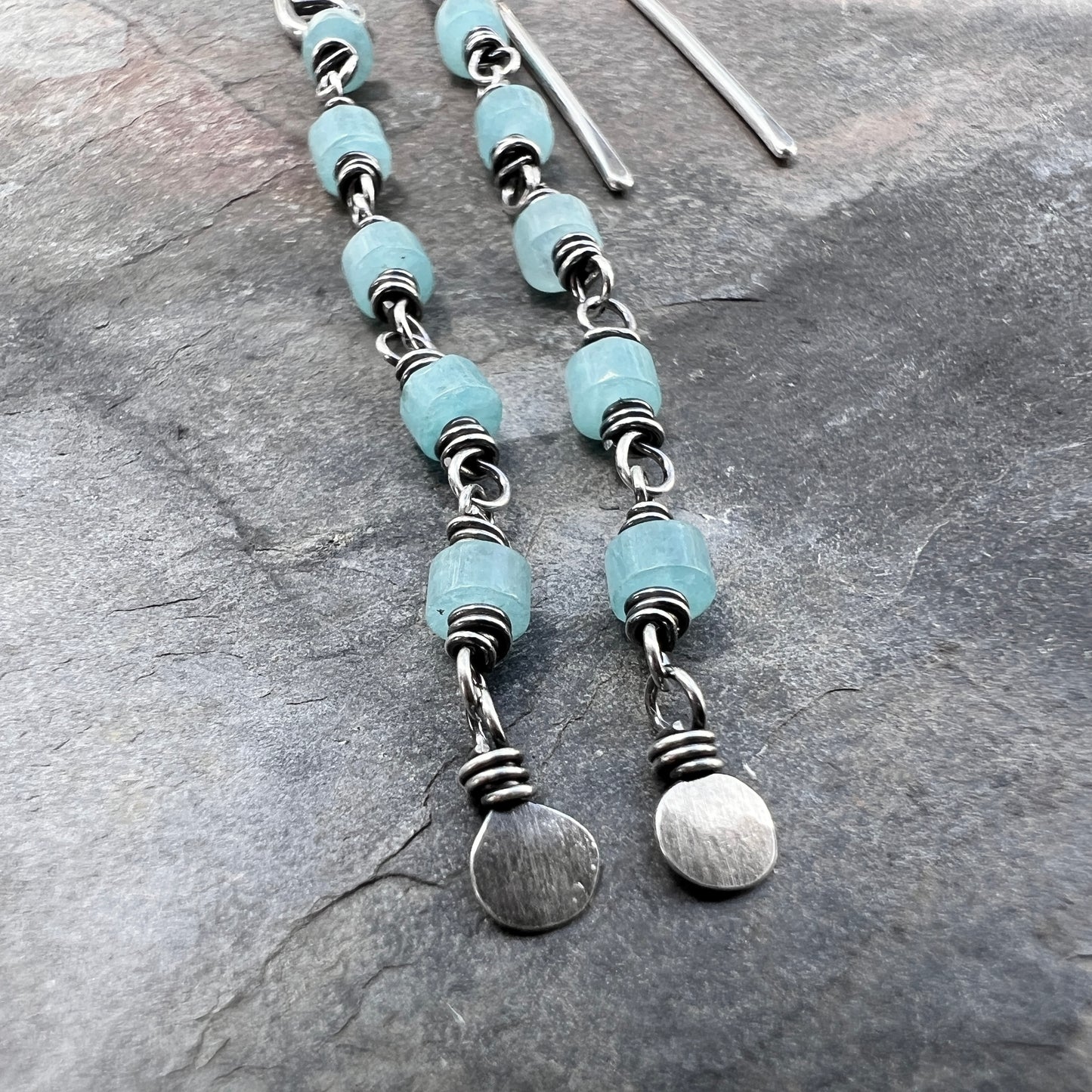 Sterling Silver Amazonite Earrings | Aqua Natural Stone Long Dangle Earrings