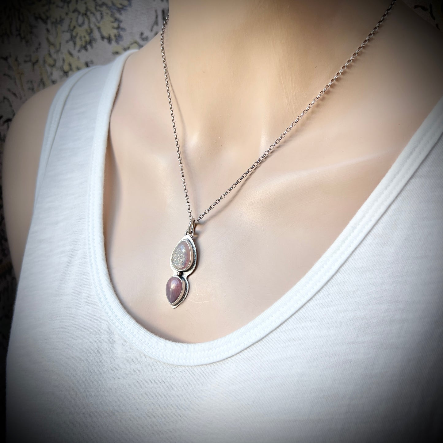 Sterling Silver Druzy and Agate Necklace | Natural Stone Teardrops Pendant