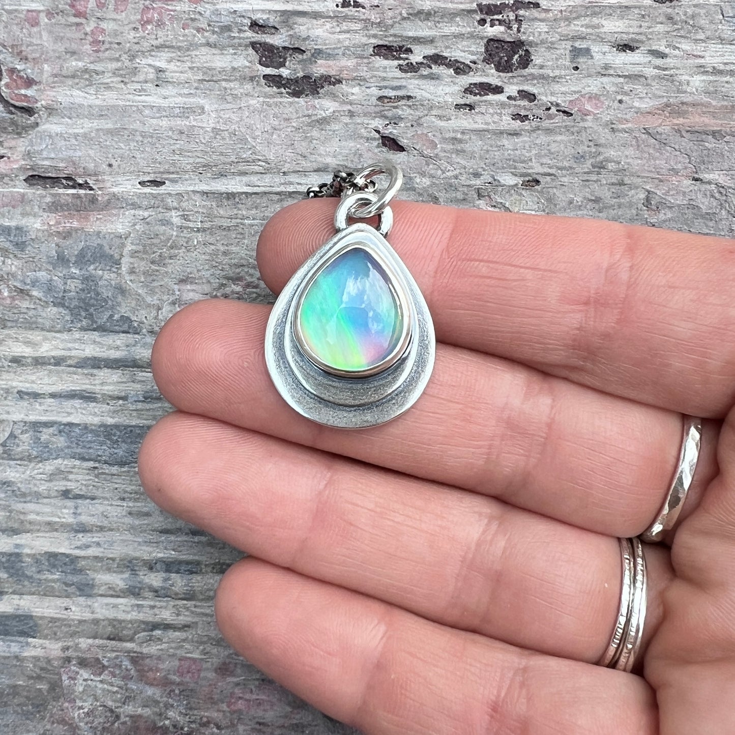 Sterling Silver Aurora Opal Teardrop Pendant Necklace -Stone 2