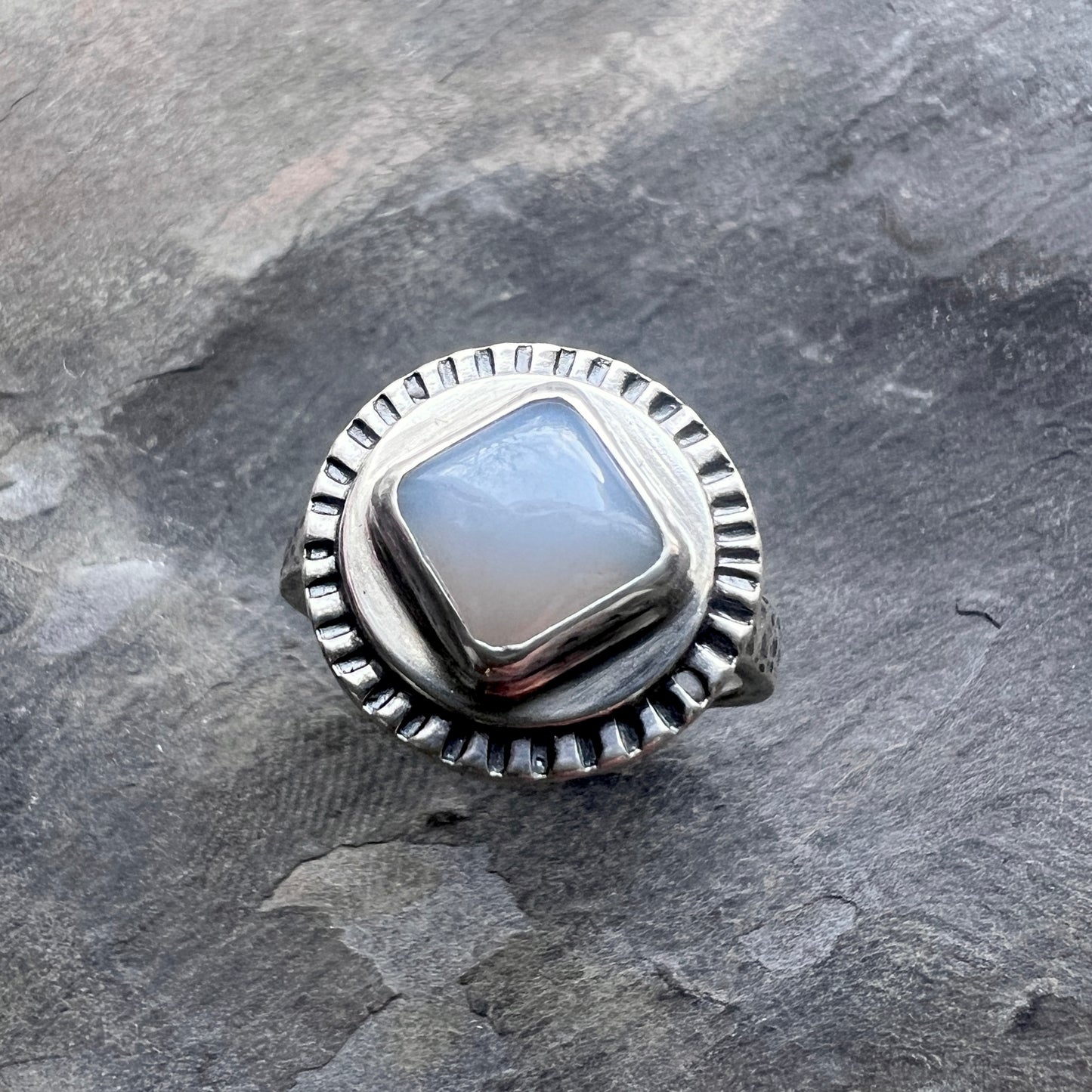 Sterling Silver Chalcedony Ring | Natural Stone Cabochon Ring - Size 7.75