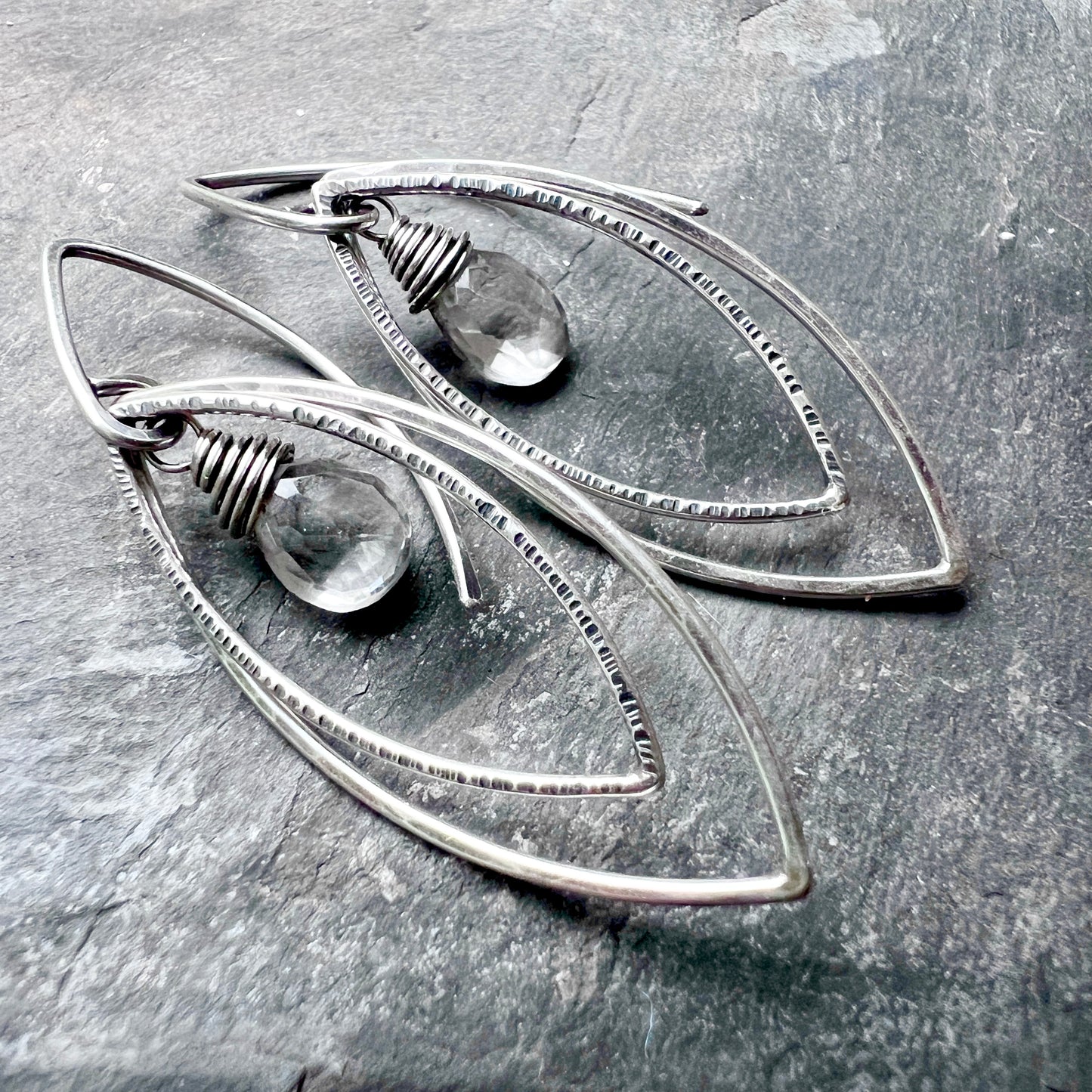 Sterling Silver Crystal Quartz Earrings | Clear Natural Stone Hammered Marquise Dangles