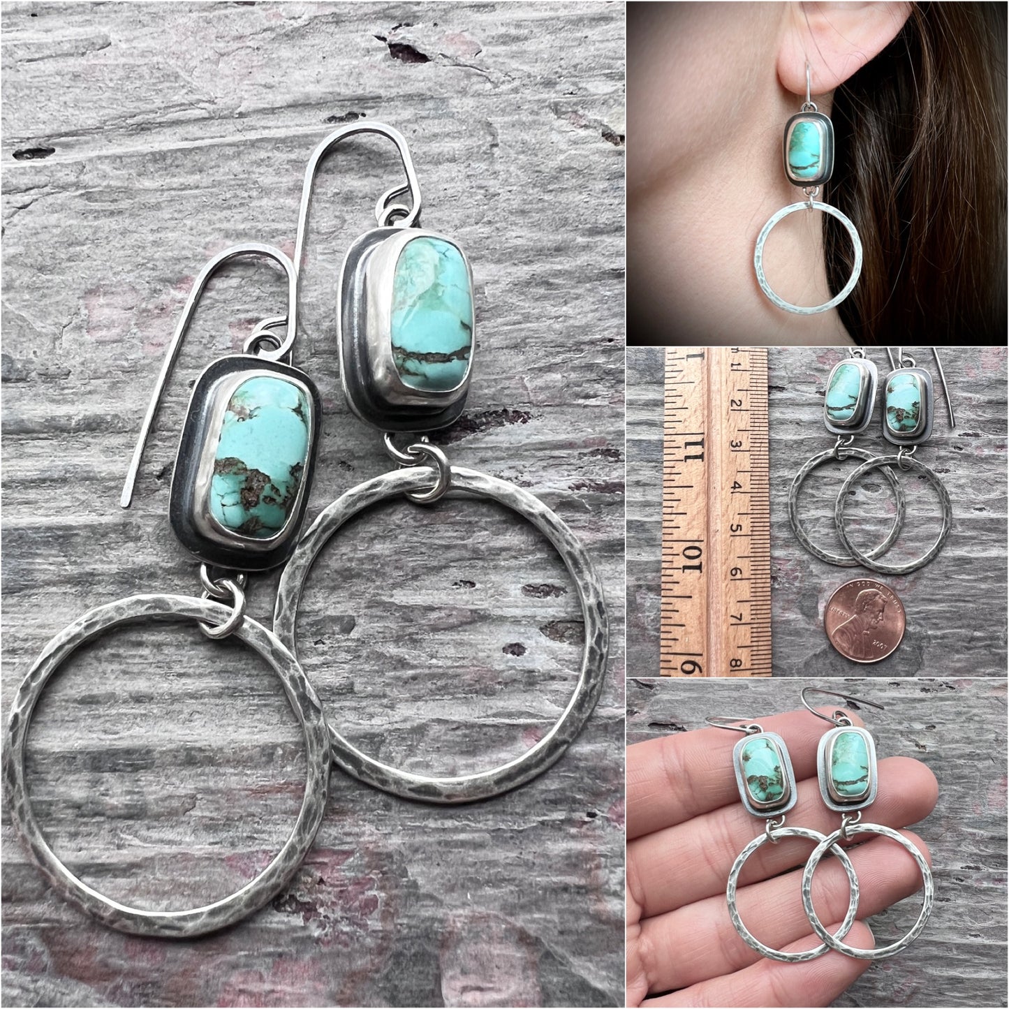 Turquoise Sterling Silver Earrings | Genuine Natural Turquoise and Hammered Hoops