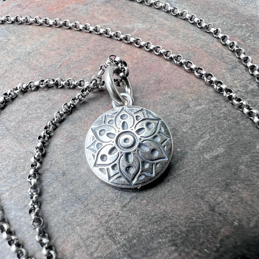 Sterling Silver Small Flower Medallion Necklace | Stamped Silver Circle Pendant on Lightweight Chain