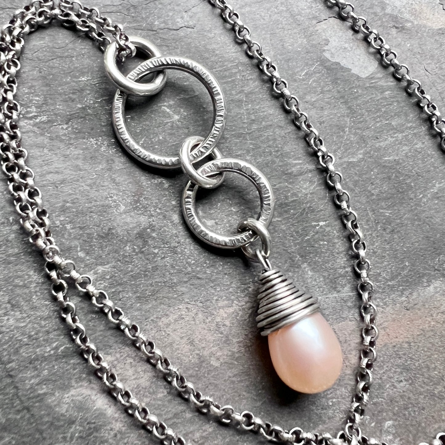Sterling Silver Pearl Teardrop Necklace | Peach Pearl and Silver Rings Pendant