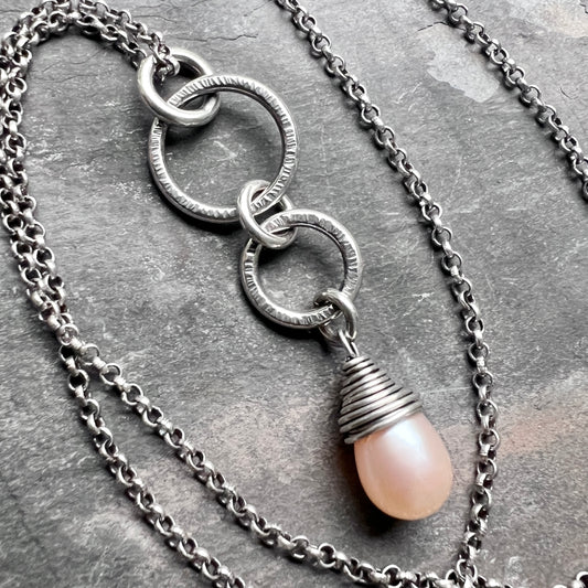 Sterling Silver Pearl Teardrop Necklace | Peach Pearl and Silver Rings Pendant