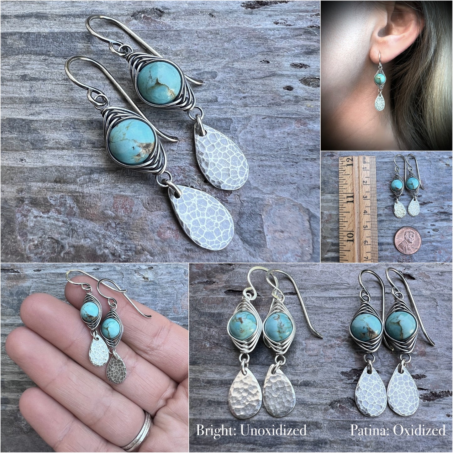 Genuine Turquoise Sterling Silver Earrings | Wire-wrapped Natural Stone and Hammered Teardrop Dangles