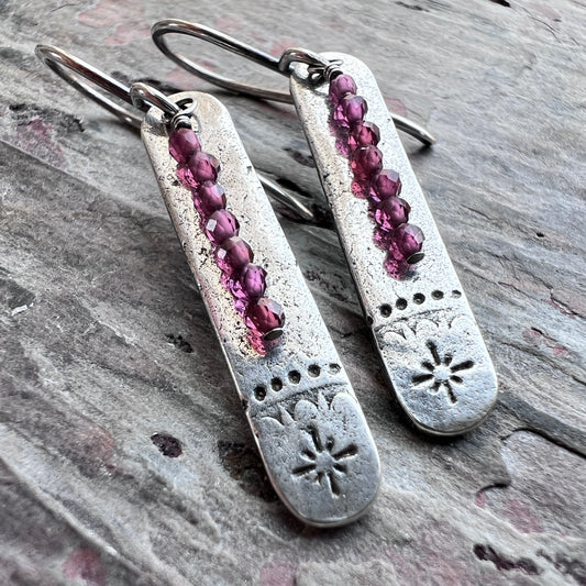 Garnet Sterling Silver Earrings | Stamped Silver and Genuine Garnet Elongated Dangles