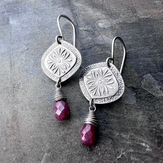 Genuine Ruby Sterling Silver Earrings | Flower Medallion and Ruby Red Teardrop Dangles