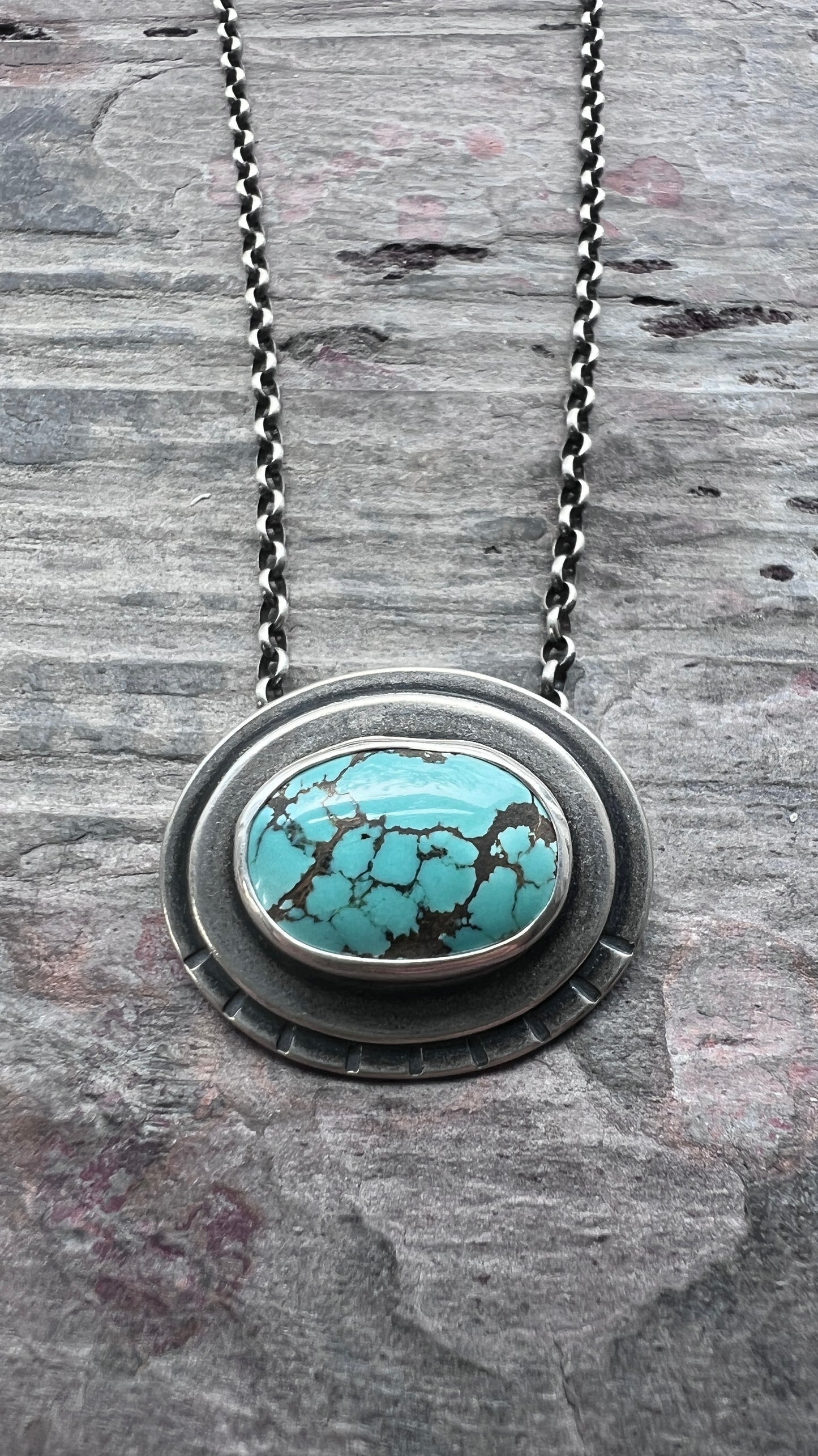 Sterling Silver Genuine Turquoise Necklace | Natural Stone Layered Oval Pendant