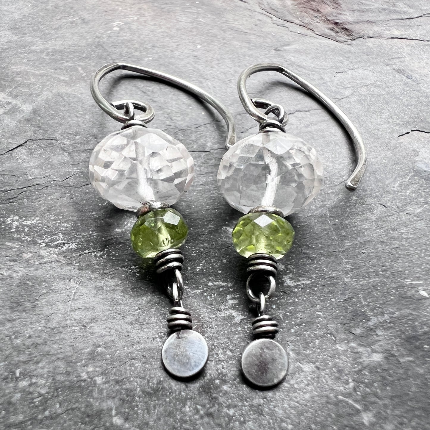 Sterling Silver Peridot and Crystal Quartz Earrings | Green and Clear Natural Stone Dangles