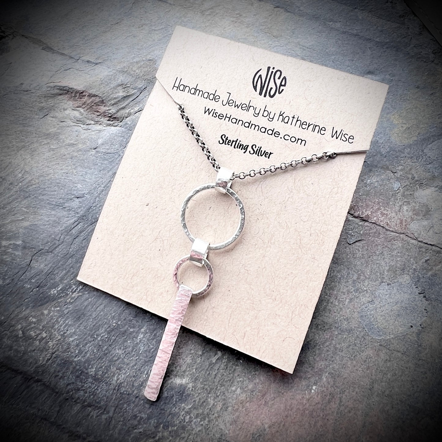 Sterling Silver Hammered Bar and Rings Necklace | Handmade Long Silver Pendant