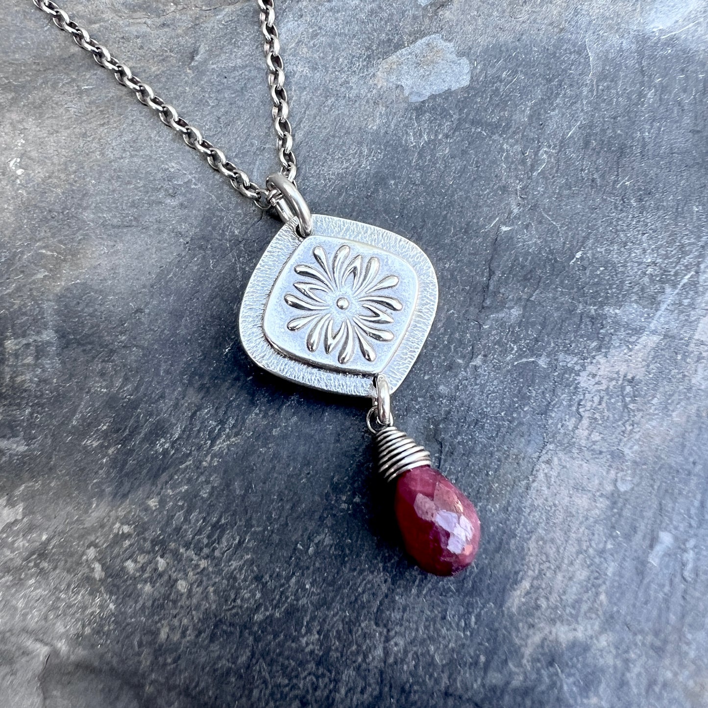 Genuine Ruby Sterling Silver Necklace | Flower Medallion and Ruby Red Teardrop Pendant