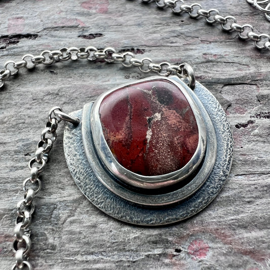 Sterling Silver Red Jasper Necklace | Natural Stone Semicircle Pendant