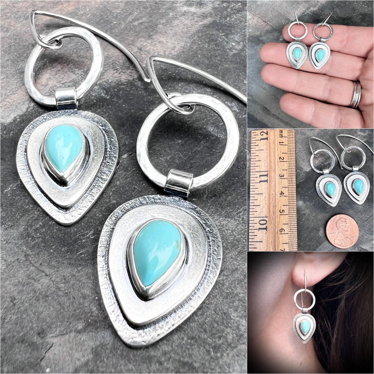 Turquoise Sterling Silver Teardrop Earrings | Genuine Natural Turquoise Cabochon Dangle Earrings