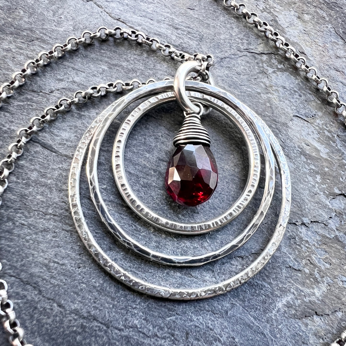 Genuine Garnet Sterling Silver Necklace | Deep Red Teardrop in Hammered Rings Pendant