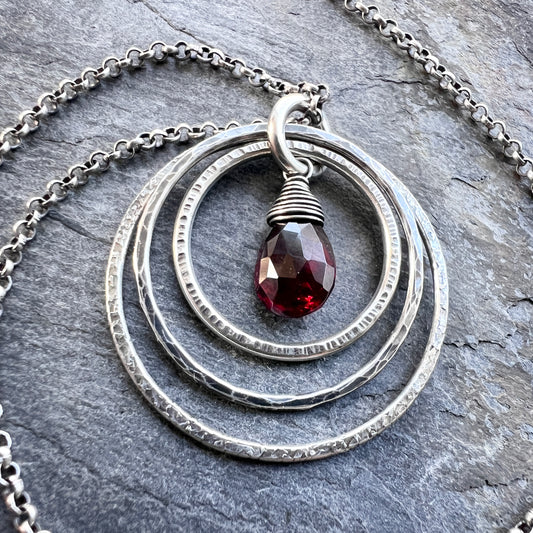 Genuine Garnet Sterling Silver Necklace | Deep Red Teardrop in Hammered Rings Pendant