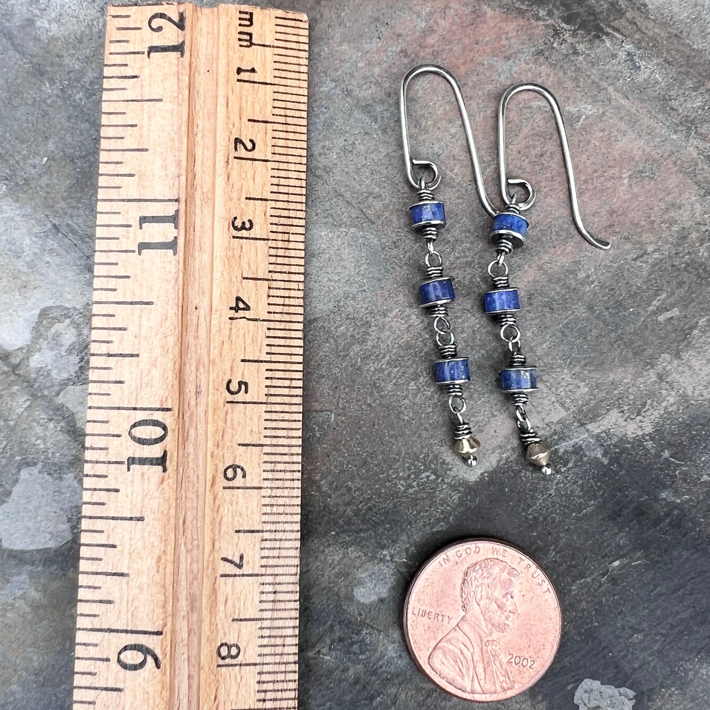 Sterling Silver Lapis Lazuli Earrings | Blue Natural Stone Wire-wrapped Dangle Earrings