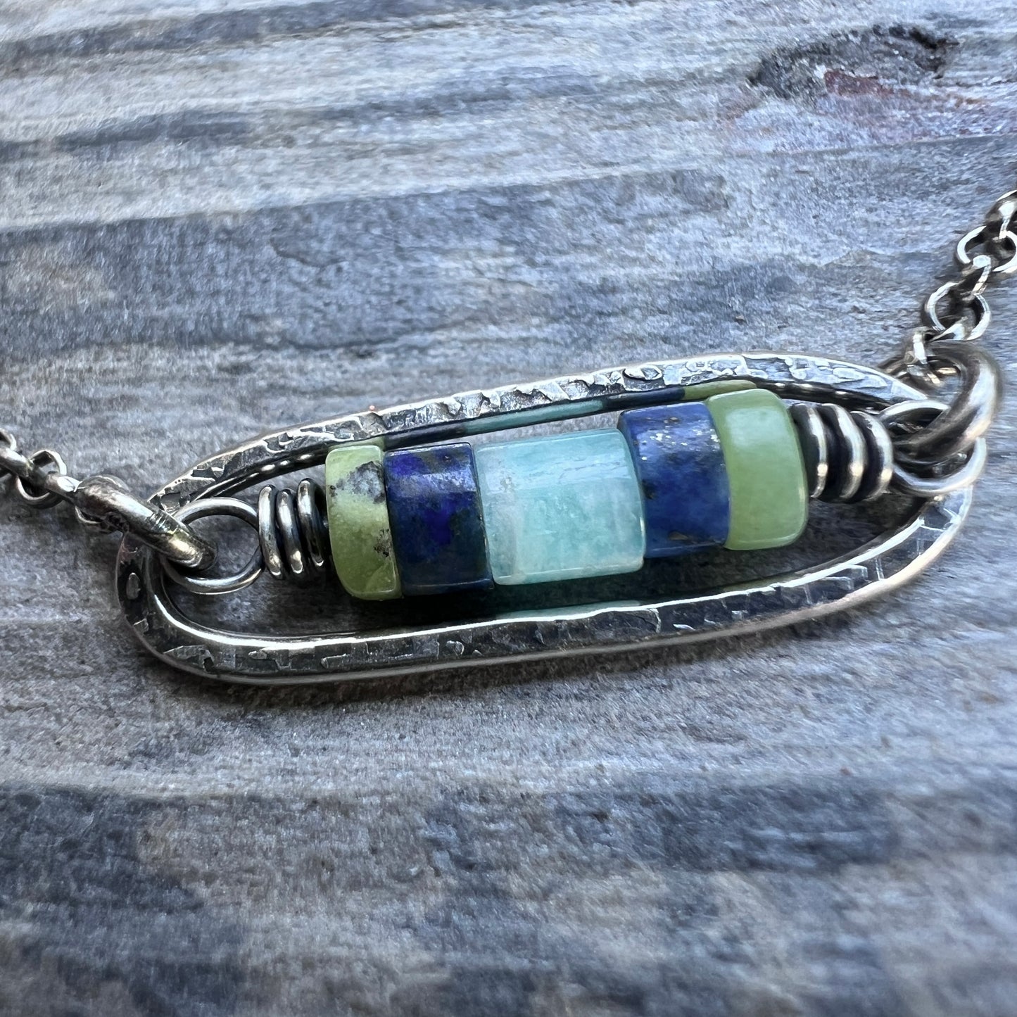 Sterling Silver Genuine Stone Necklace | Amazonite, Lapis Lazuli, and Chrysoprase in Hammered Oval Pendant