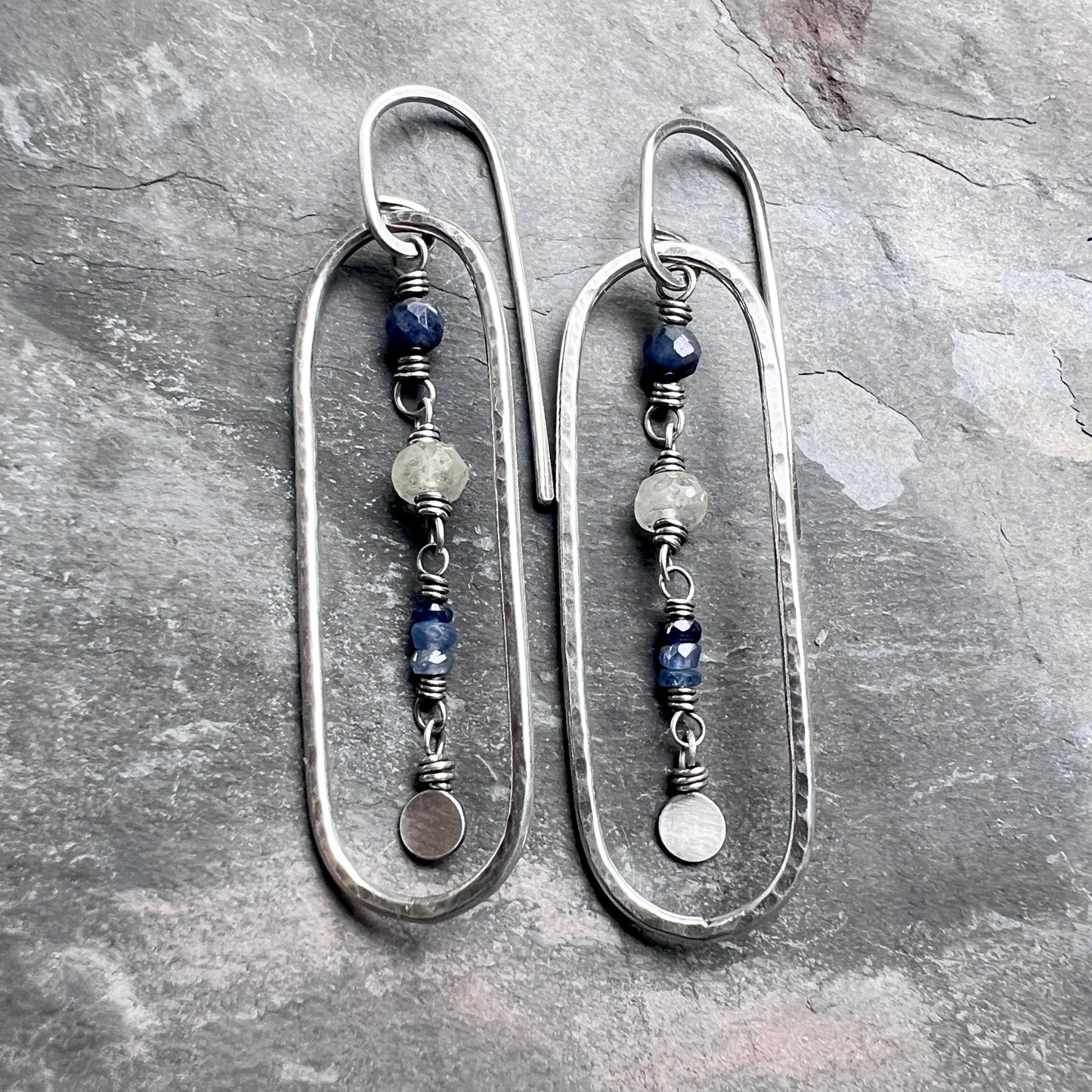 Genuine Sapphire Sterling Silver Earrings | Blue Natural Stone Hammered Oval Dangles