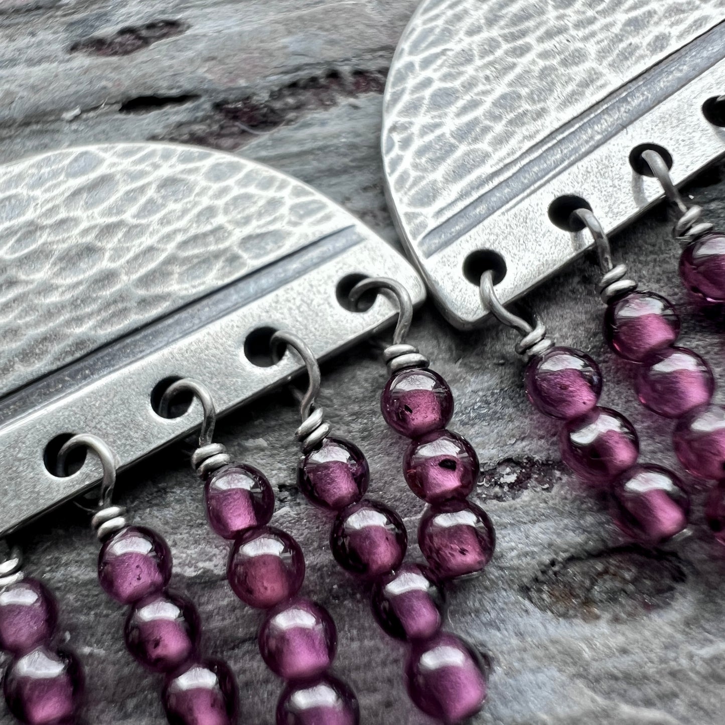 Garnet Sterling Silver Earrings | Hammered Silver and Genuine Garnet Fringe Dangles