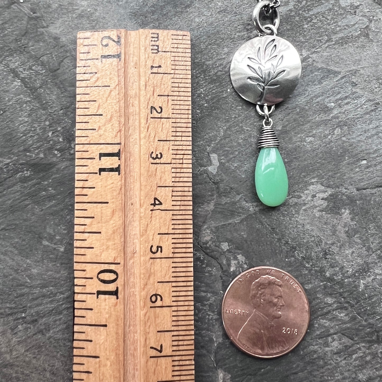 Sterling Silver Chrysoprase Necklace | Stamped Branch Circle with Green Teardrop Pendant