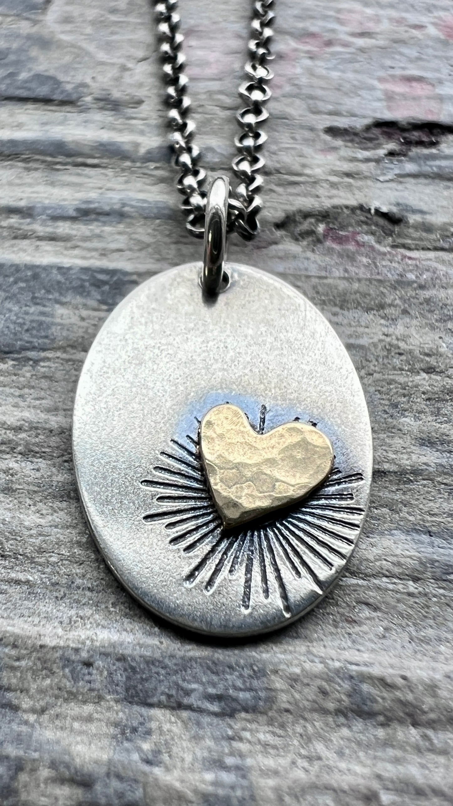 Sterling Silver and Golden Brass Heart Necklace | Handmade Mixed Metal Oval Pendant