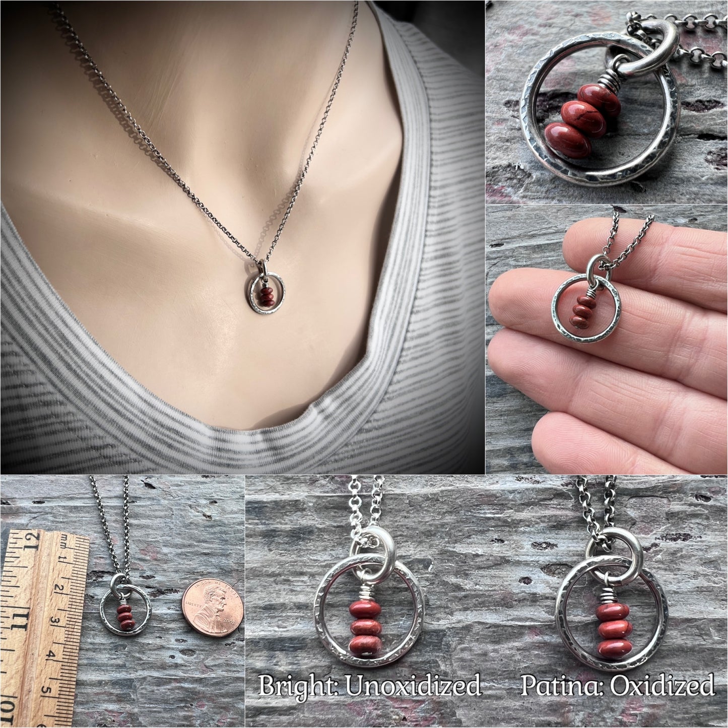 Sterling Silver Red Jasper Necklace | Natural Stones in Hammered Ring Pendant