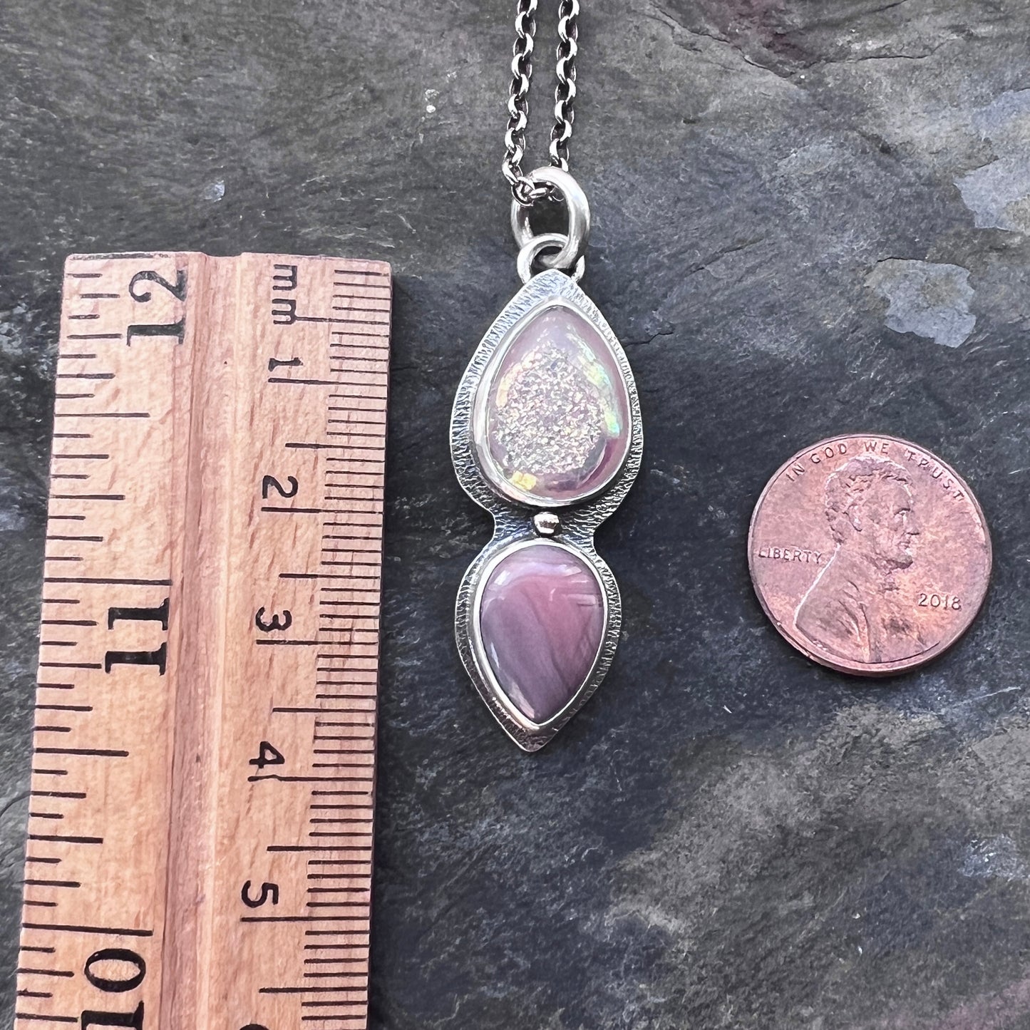 Sterling Silver Druzy and Agate Necklace | Natural Stone Teardrops Pendant