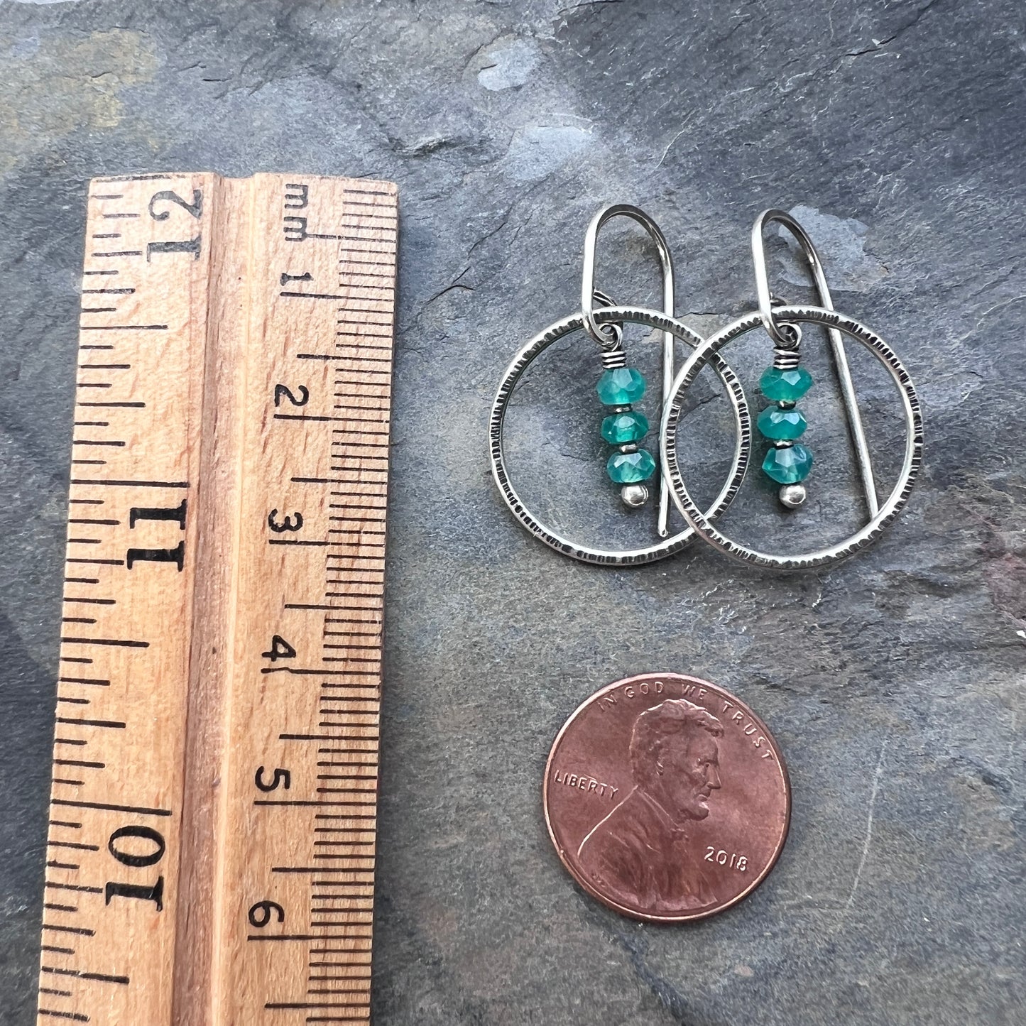 Green Onyx Sterling Silver Earrings | Emerald Green Natural Stone Dangle Hoops