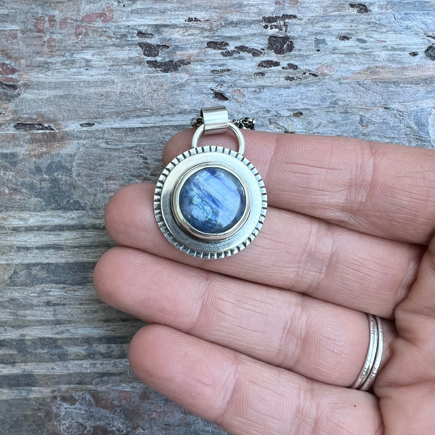 Sterling Silver Kyanite Necklace | Natural Stone Round Cabochon Pendant