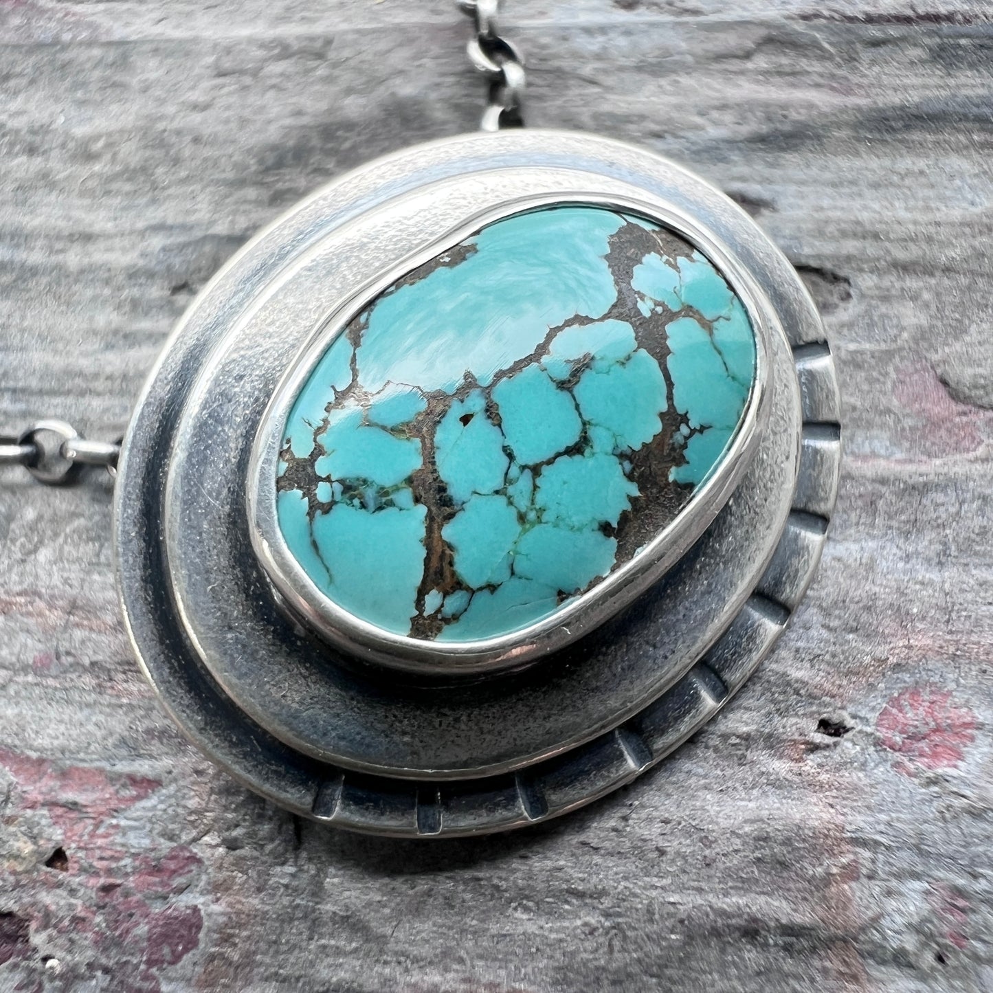 Sterling Silver Genuine Turquoise Necklace | Natural Stone Layered Oval Pendant