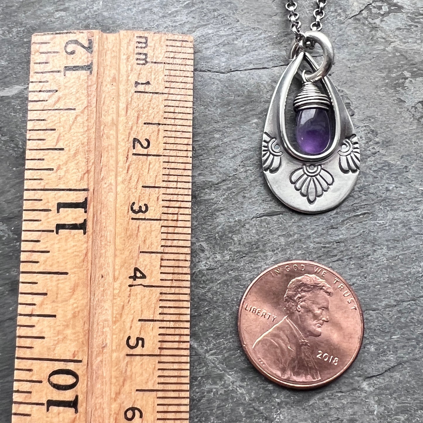 Genuine Amethyst Sterling Silver Necklace | Purple Teardrop Stamped Pendant