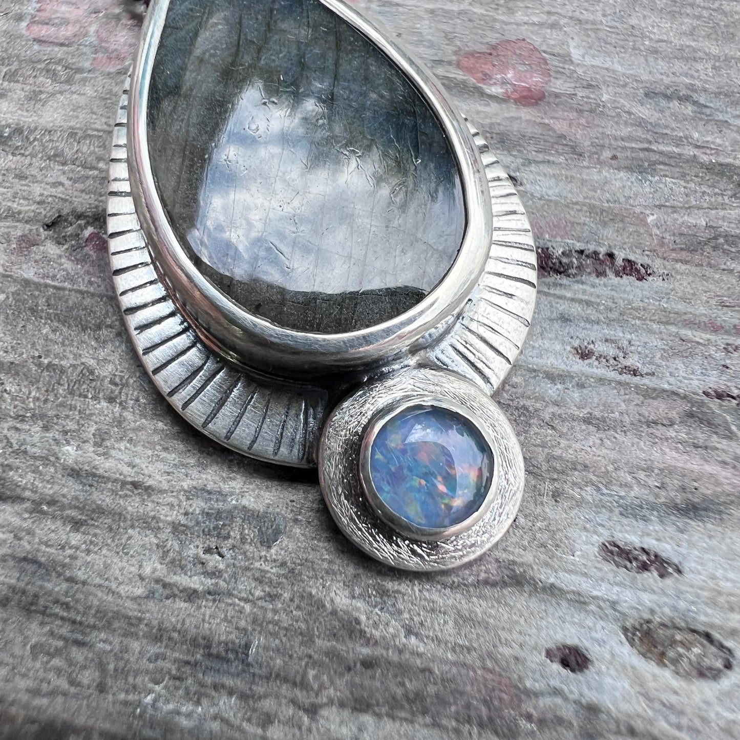 Sterling Silver Labradorite Necklace | Natural Stone Teardrop with Opal Triplet Pendant