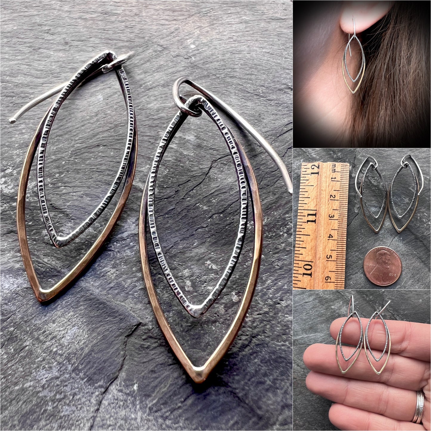 Sterling Silver and Brass Earrings | Mixed Metal Long Marquise Dangles