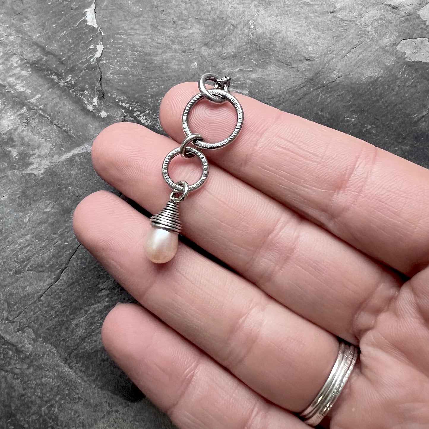 Sterling Silver Pearl Teardrop Necklace | Peach Pearl and Silver Rings Pendant