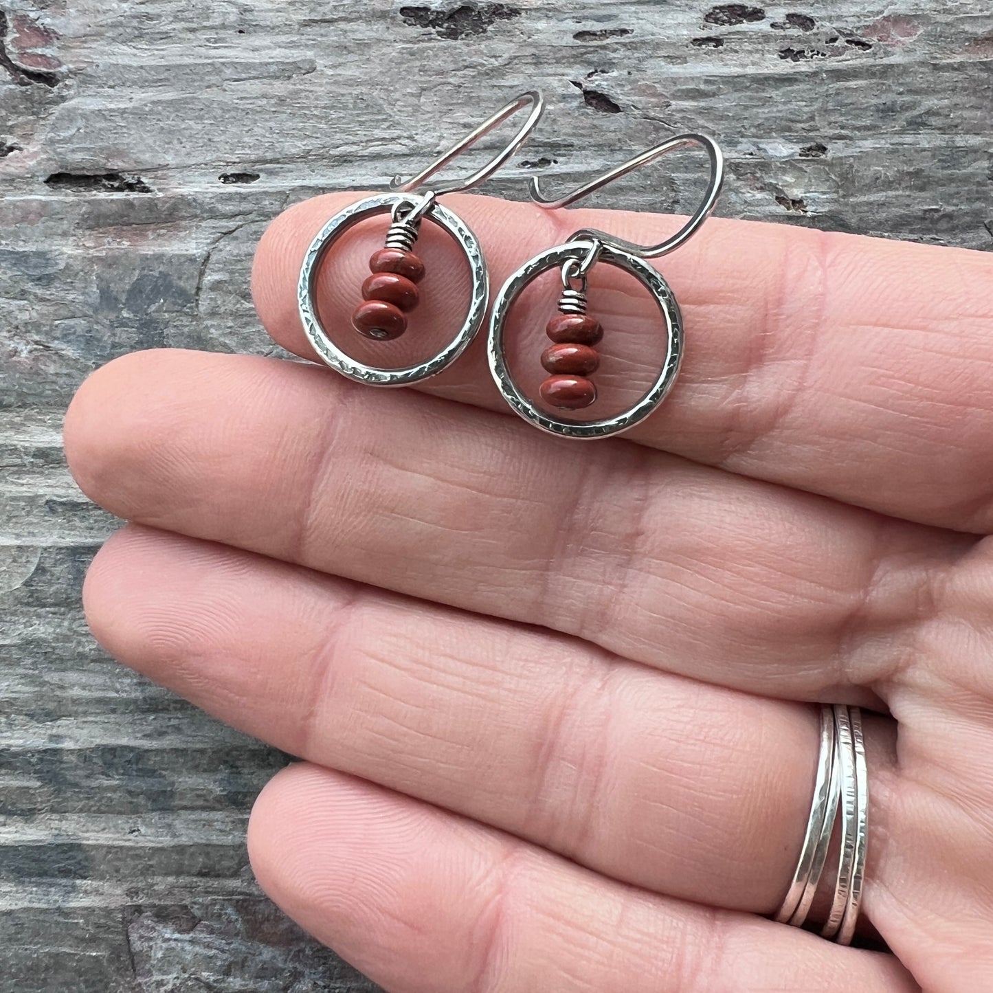 Sterling Silver Red Jasper Earrings | Natural Stones in Hammered Rings