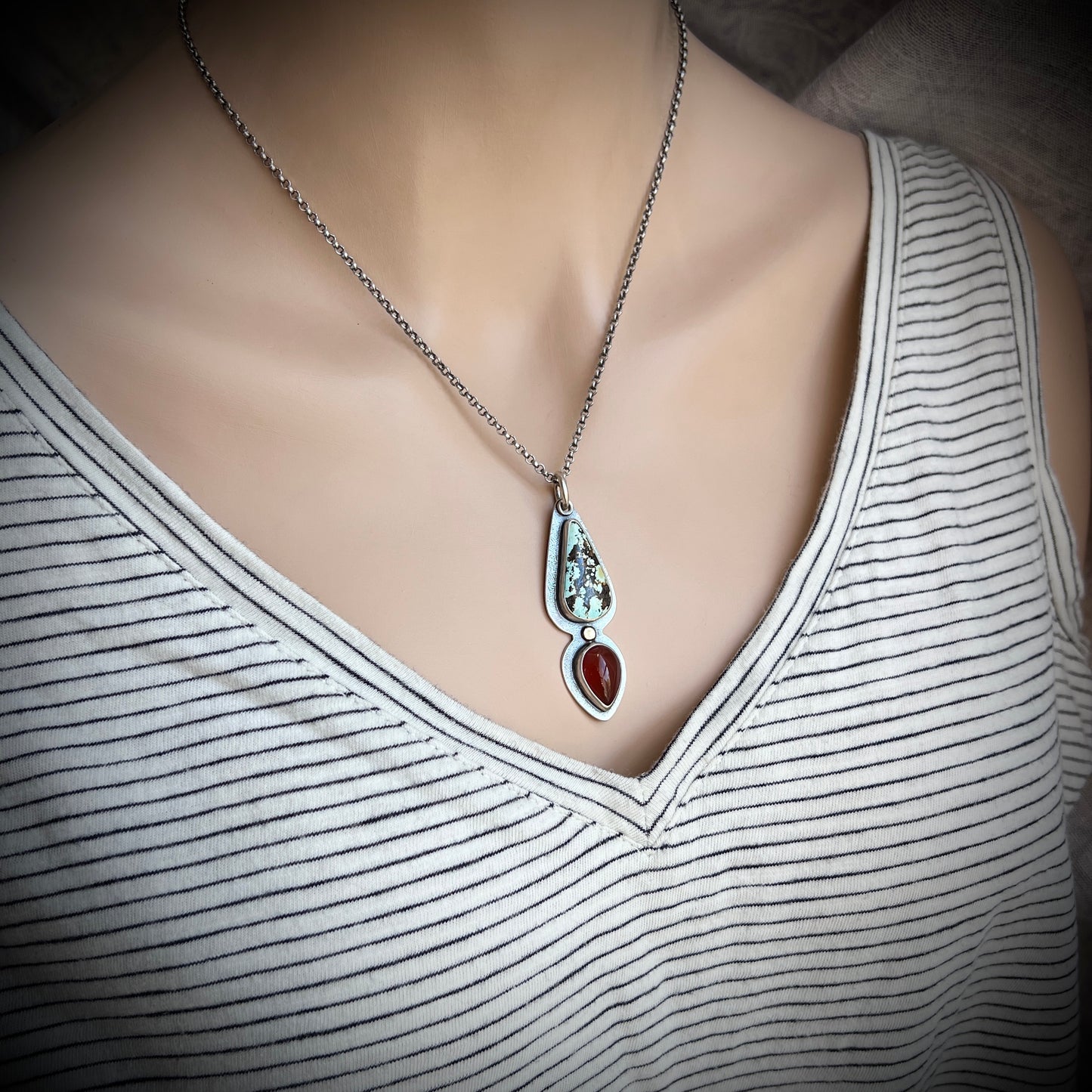 Genuine Turquoise and Carnelian Sterling Silver Necklace | One-of-a-kind Teardrop Pendant (#3)